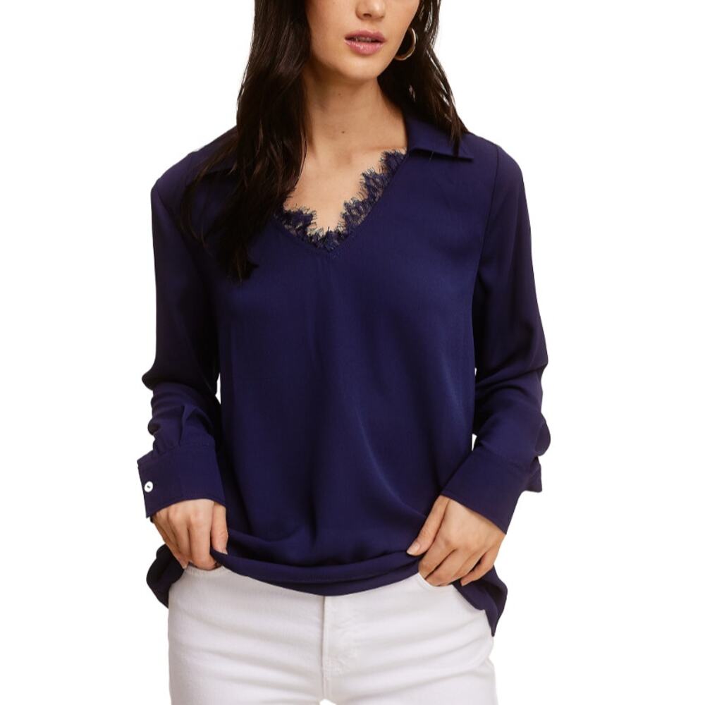 SINGLE THREAD TOP WOMEN'S SIZE XSMALL LACE TRIM V NECK POPOVER BLOUSE BLUE NEW